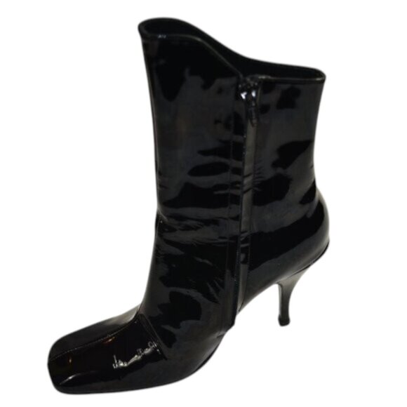 Dora Teymur Black Patent Leather Square Toe Stiletto Ankle Boot, Size 38 - Picture 2 of 8